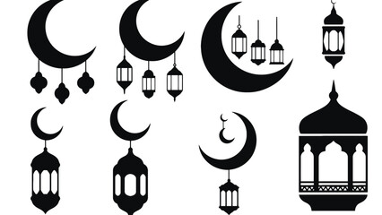 Naklejka premium A collection of black silhouettes of crescent moons and lanterns on a white background