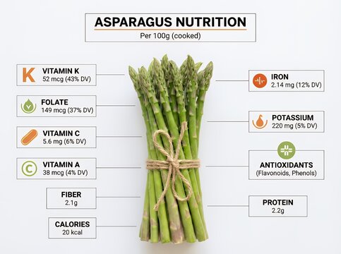 Asparagus Nutrition Infographic Per 100g Cooked with Vitamin K, Folate, Iron, and Antioxidants - Fresh Green Vegetable Health Benefits Educational Chart