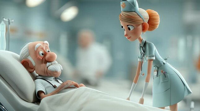 A cartoon elderly man in a hospital bed smiles at a friendly nurse