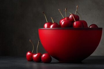 Vibrant A Red Bowl of Cherries on a Dark Surface with a Cherry Blossom