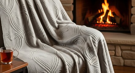 Fototapeta premium Cozy grey blanket with heart pattern draped over armchair next to a warm fireplace