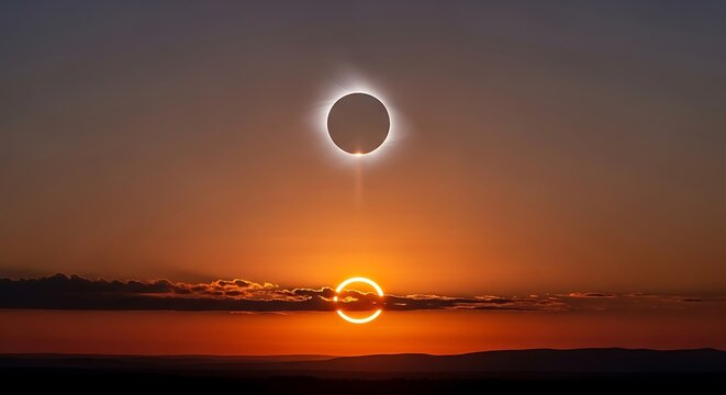 Solar eclipse composite showing corona above a fiery sunrise