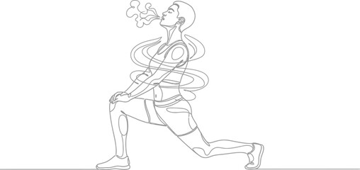 Obraz premium Continuous line drawing of a person stretching and smoking a cigarette with athletic wear
