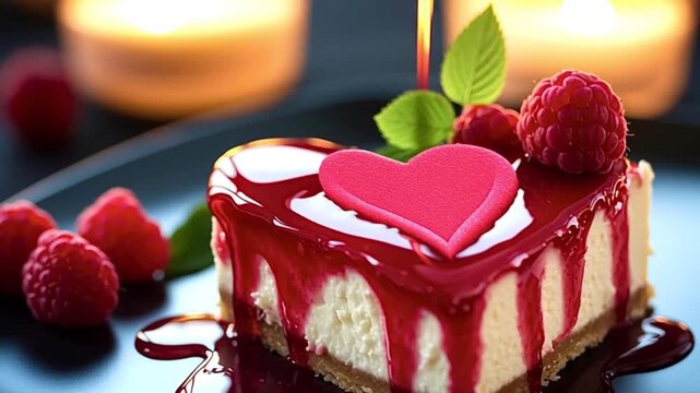 Delicious raspberry syrup dripping onto a romantic heart shaped cheesecake dessert for valentine's day, served on a dark plate with fresh berries and soft candlelight for a special dinner