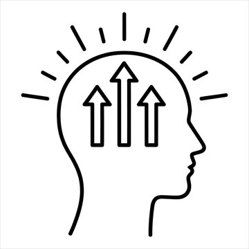 Illustration of a human head profile with three upward arrows representing growth and progress
