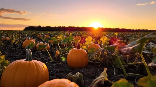 Sunlit pumpkin patch at sunset ripe orange gourds nestled among vines and bare earth, glowing, dusk