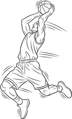 Fototapeta premium Dynamic basketball player in mid-air, shooting the ball with intense focus and athletic prowess displayed prominently