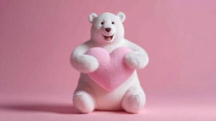 teddy bear holding a large heart, pink background, copy and text space