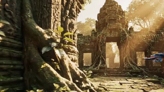 Ancient temple ruins entwined by tree roots, mossy stonework gleaming under warm, golden soft light