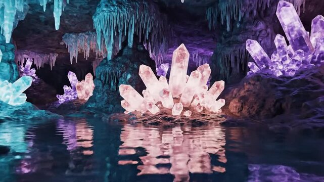 Glowing crystal formations in a dark cavern reflect on calm turquoise water, shimmering eerily. glow