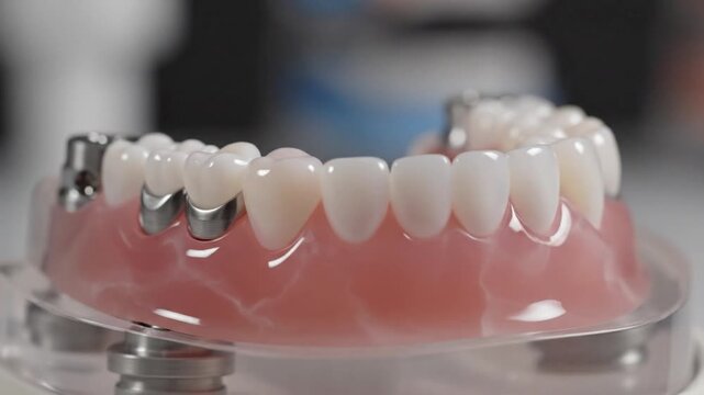 Dental model with pink gums and white teeth, showing implants and a denture on a stand in a clinic!!