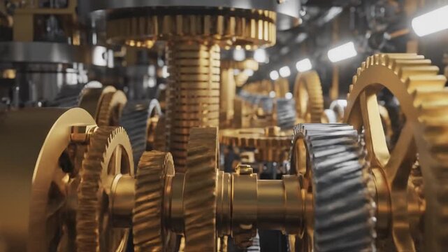 Close-up of interlocking brass gears and steel cogs in an intricate industrial mechanism, in motion!