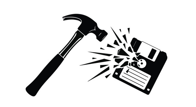 Hammer smashing a floppy disk in a bold black illustration