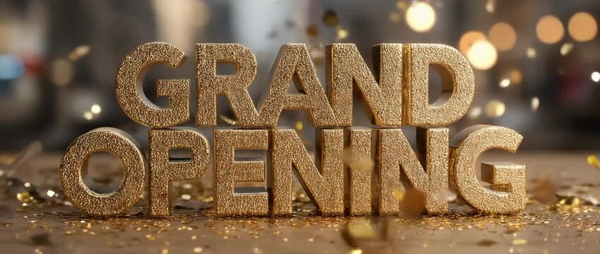 Golden glitter text reading Grand Opening on a festive background, symbolizing celebration, business launch, or store event promotion