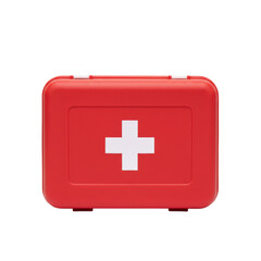 Obraz premium Bright red compact emergency medical first aid kit with white cross symbol on black background