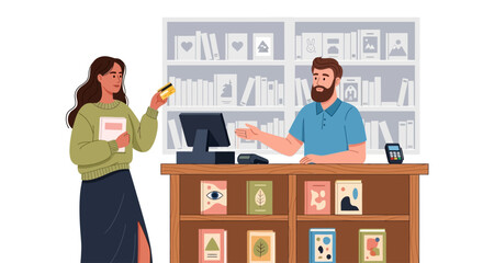 A customer interacts with a shop assistant at a bookstore counter with various books and a computer © Steven