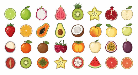 Obraz premium Collection of various fruit illustrations displayed in a grid pattern, showcasing diverse shapes and colors