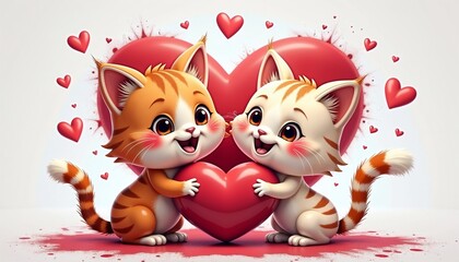Fototapeta premium Adorable kittens hugging a heart, joyful mood, in cute cartoon style 