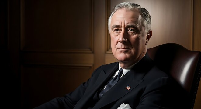 Formal presidential portrait of Franklin D. Roosevelt, photorealistic lighting and pose