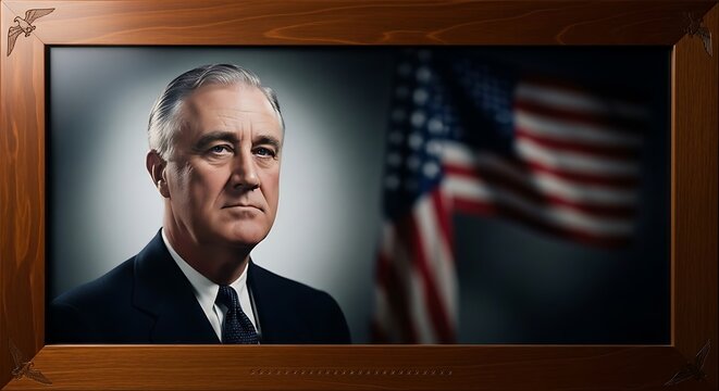 Franklin D. Roosevelt framed with subtle patriotic symbolism, still photorealistic