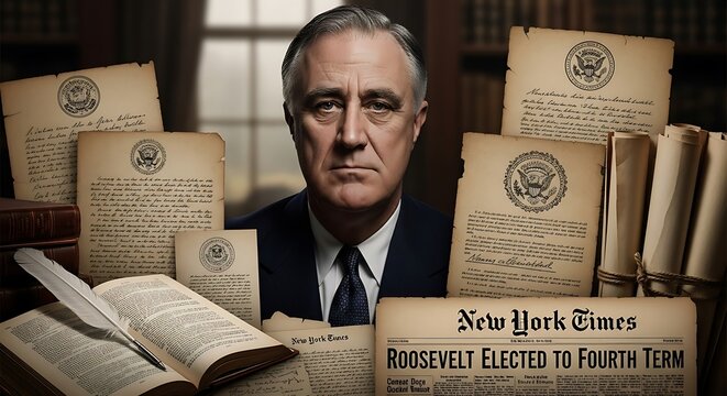 Franklin D. Roosevelt surrounded by historical documents