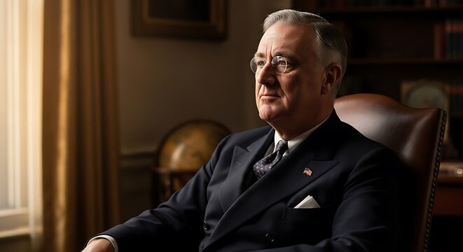 Masterpiece-level hyper-realistic portrait of FDR, perfect lighting and composition