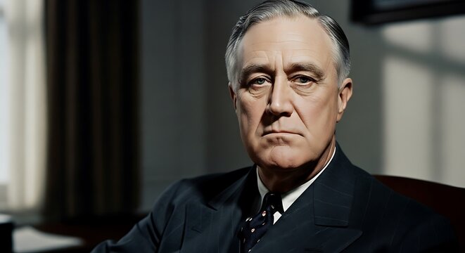 Realistic portrait of Roosevelt during World War II, serious expression