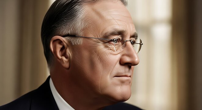 Side-profile realistic portrait of FDR, detailed glasses and wrinkles