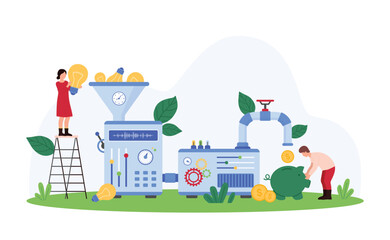 Naklejka premium Business idea monetization, fund of success startup. Tiny people make money with funnel and pipe machine, entrepreneurs and investors convert light bulbs into cash cartoon vector illustration