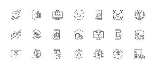 Financial Technology Icon set containing fintech, open banking, online banking, digital money, payment, blockchain, cryptocurrency, stock market, online loan, mobile banking, tokenization, vector icon