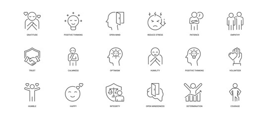 Positive Personality icon set containing gratitude, positive thinking, open mind, reduce stress, patience, empathy, trust, calmness vector icons