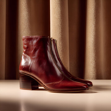 Brązowe sk&oacute;rzane botki na niskim obcasie z zamkiem, ustawione na eleganckim tle.