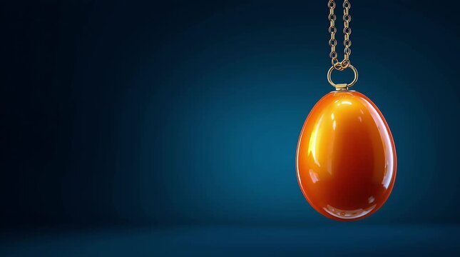 A shiny orange Easter egg on a chain slowly swings against a dark blue background. Easter video composition with space for text, jewelry, Easter gift