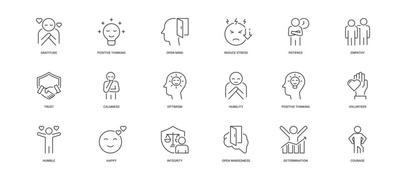 Positive Personality icon set containing gratitude, positive thinking, open mind, reduce stress, patience, empathy, trust, calmness vector icons