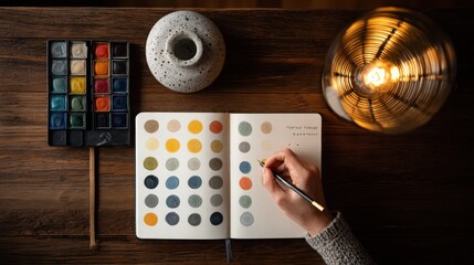 Evening journaling routine flatlay hand-drawn mood tracker cozy workspace calm ambiance creative expression