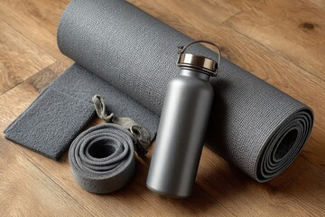 Mindful wellness routine flatlay yoga mat and water bottle on wooden surface lifestyle content cozy environment