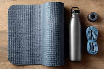 Wellness routine flatlay featuring clean rolled yoga mat and stainless steel water bottle in calm indoor setting