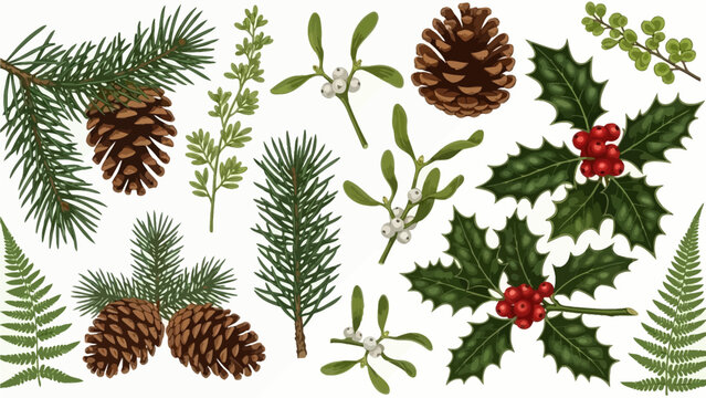 Collection of pinecones, holly, and mistletoe arranged in a festive holiday display on a white background viewed from directly above
