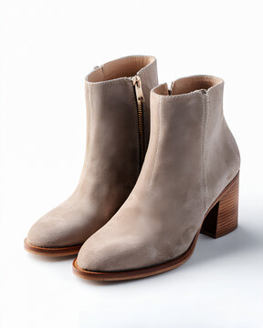 Beżowe zamszowe botki na słupku z zamkiem po boku na białym tle.