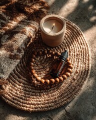 Wellness routine flatlay of pre-yoga ritual with essential oils calm atmosphere natural light mindfulness practice