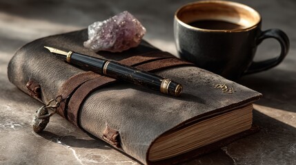 Wellness routine flatlay with journaling setup and coffee cozy workspace aesthetic lifestyle positive mindset creative environment