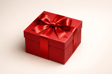 Fototapeta premium Elegant red gift box with a large satin bow isolated on a plain light background for valentines day or christmas holiday present concept