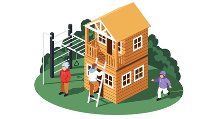 Fototapeta premium People constructing a wooden house with ladders and tools in a serene outdoor environment