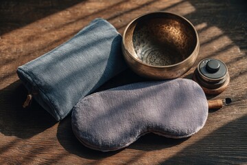 Meditation routine flatlay with tibetan singing bowl and lavender eye mask in serene home environment