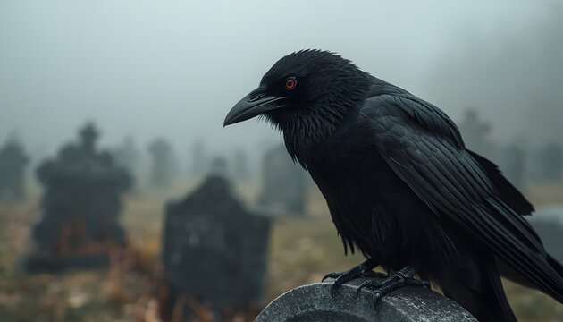 Black crow perched on a rock in a foggy graveyard atmosphere