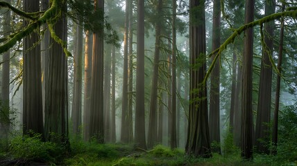 Obraz premium Ethereal Mossy Redwood Forest with Sunbeams and Vibrant Greenery