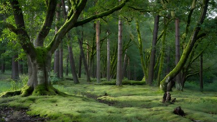 Obraz premium Ethereal Mossy Forest Path: Lush Green Landscape with Ancient Trees & Dappled Sunlight