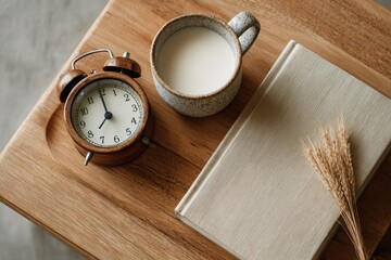 Digital disconnect wellness routine flatlay cozy setting topdown view of clock mug and book