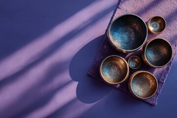 Sound bath routine for wellness home setup flatlay photography relaxing environment top-down view concept