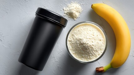 Energizing pre-workout routine flatlay top-down view of protein powder and banana for wellness health and fitness boost